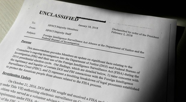 A copy of the formerly top-secret classified memo written by House Intelligence Committee Republican staff and declassified for release by U.S. President Donald Trump is seen shortly after it was released by the committee.