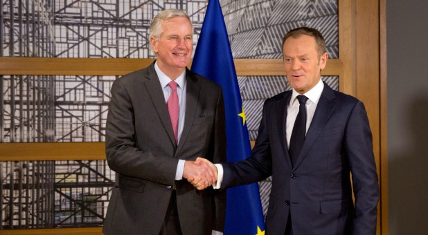 European Council President Donald Tusk (R) meets with European Union's chief Brexit negotiator Michel Barnier at the EU Council headquarters in Brussels, Belgium.