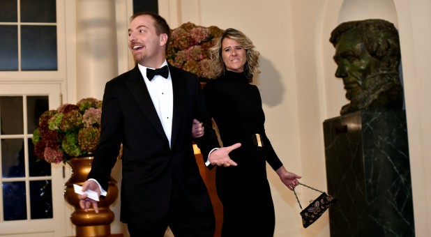 Chuck Todd of MSNBC (L) and Kristian Todd (R) arrive for a state dinner honoring Italian Prime Minister Matteo Renzi at the White House in Washington Oct. 18, 2016.