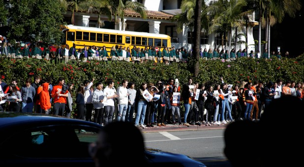 Brentwood School Los Angeles students march out of their campus in solidarity with students across the country for the National School Walkout in Los Angeles.