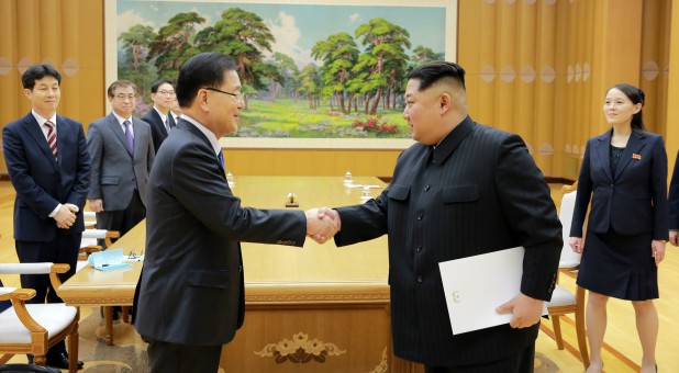 North Korean leader Kim Jong Un greets Chung Eui-yong, head of the presidential National Security Office, in Pyongyang, North Korea.