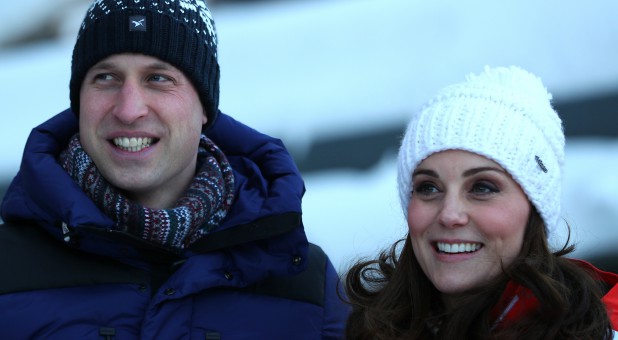 Britain's Prince William and Catherine, the Duchess of Cambridge, pose for photographers at the Holmenkollen Ski Jump in Oslo, Norway.