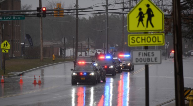Law enforcement motorcade is seen near the Great Mills High School following a shooting on Tuesday morning in St. Mary's County, Maryland.