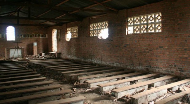 Pews in an empty church near Kigali, Rwanda.
