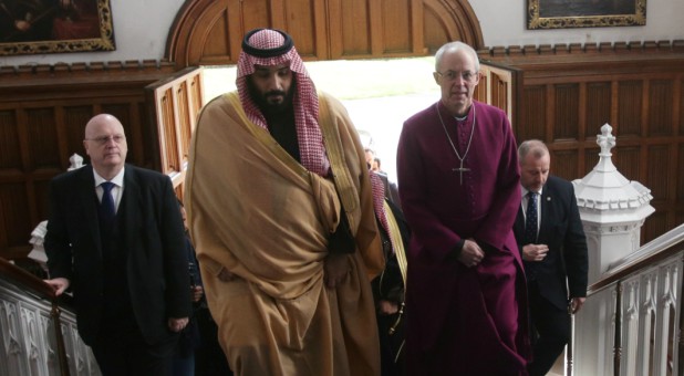 Britain's Archbishop of Canterbury Justin Welby accompanies The Crown Prince of Saudi Arabia Mohammed bin Salman.