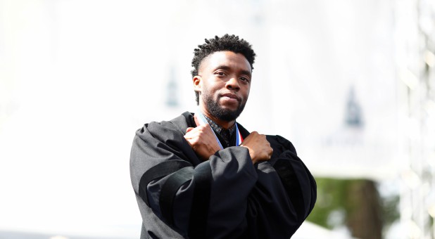 Actor Chadwick Boseman addresses the 150th commencement ceremony at Howard University.