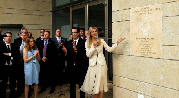 Senior White House Adviser Ivanka Trump and U.S. Treasury Secretary Steven Mnuchin stand next to the dedication plaque at the U.S. embassy in Jerusalem, during the dedication ceremony of the new U.S. embassy in Jerusalem.
