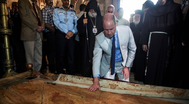 Britain's Prince William visits the Church of the Holy Sepulchre in Jerusalem's Old City.