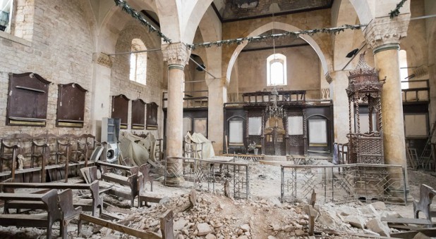 A badly damaged Greek Orthodox church in the old quarter of Aleppo.