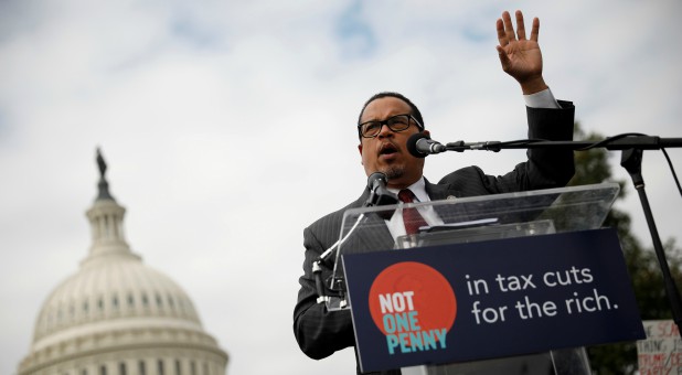 Rep. Keith Ellison, vice chair of the Democratic National Committee, speaks during a rally.