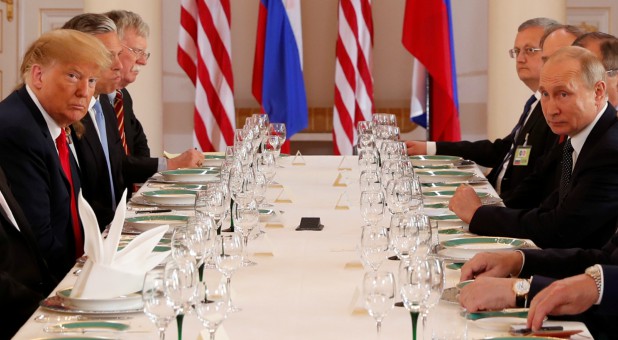 U.S. President Donald Trump participates in an expanded bilateral meeting with Russia's President Vladimir Putin.