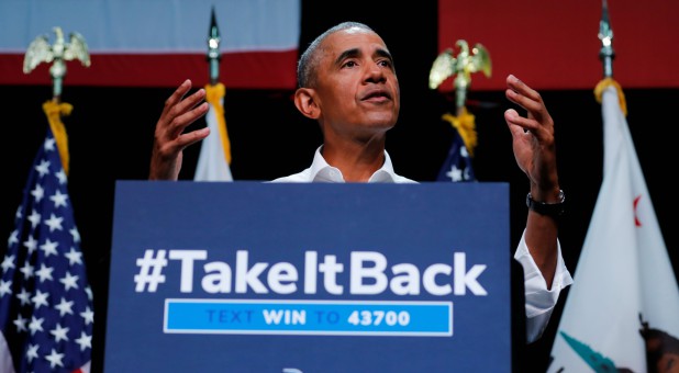 Former U.S. President Barack Obama participates in a political rally for California Democratic candidates.