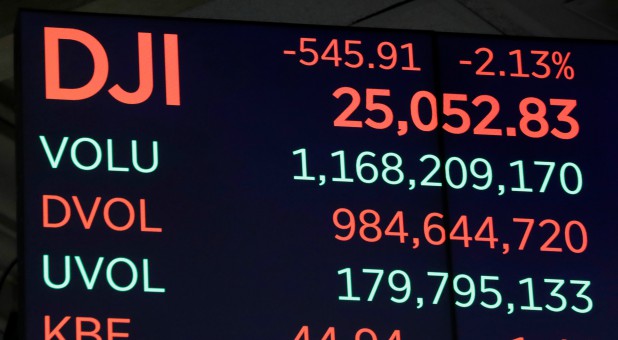 Final numbers for the Dow Jones industrial average are displayed after the close of trading on the floor of the New York Stock Exchange (NYSE) in Manhattan in New York, U.S., Oct. 11, 2018.
