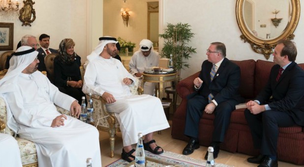 His Highness Sheikh Mohammed bin Zayed Al Nahyan, crown prince of Abu Dhabi (center), welcomes a delegation of American evangelicals, including Joel C. Rosenberg (on couch, left) and Rev. Johnnie Moore (on couch, right), into his home.