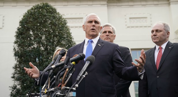 Vice President Mike Pence speaks to reporters with House Minority Leader Kevin McCarthy and House Minority Whip Steve Scalise.