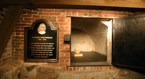 George Whitefield's grave in the crypt of Old South Presbyterian Church, Newburyport, Massachusetts between Jonathan Parsons and Joseph Prince.