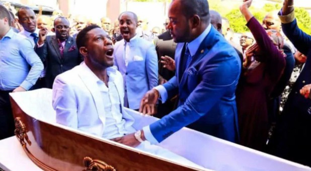 Pastor Alph Lukau, right, alleged to resurrect “Elliot” through God's work on Feb. 24, 2019, at Alleluia International Ministries in Johannesburg, South Africa. The claim has been disputed.