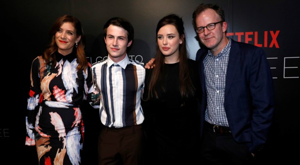 Director Tom McCarthy (R) poses with cast members Kate Walsh (L), Dylan Minnette and Katherine Langford at a screening for the television series