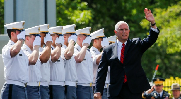 U.S. Vice President Mike Pence waves to the guests as he attends the United States Military Academy commencement ceremony in West Point.