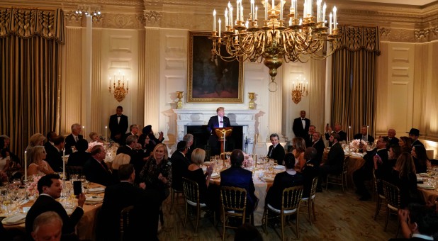 U.S. President Donald Trump speaks during a dinner before a National Day of Prayer at the White House.