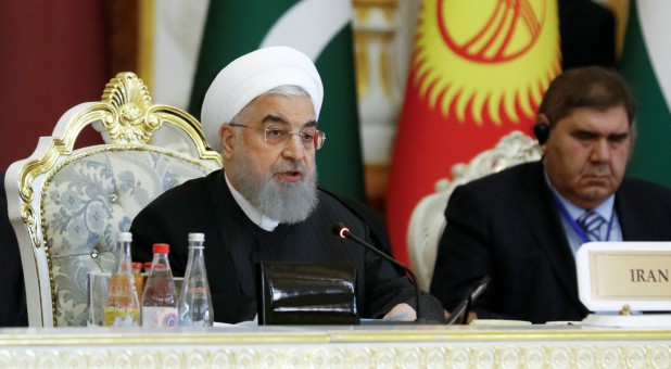 Iranian President Hassan Rouhani delivers a speech at the Conference on Interaction and Confidence-Building Measures in Asia (CICA) in Dushanbe, Tajikistan.