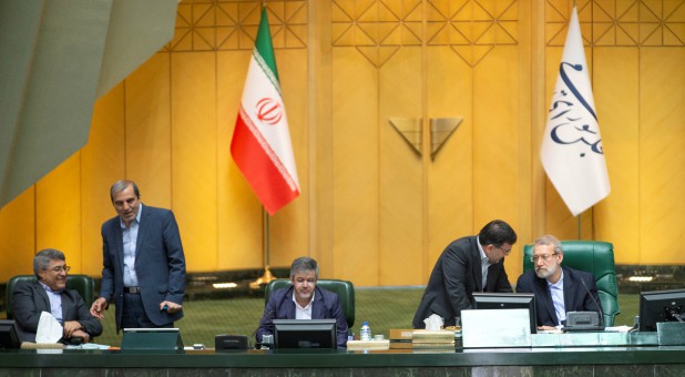 Speaker Ali Larijani attends a session of Parliament in Tehran, Iran.