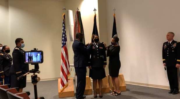 Chaplain (Col.) Monica Lawson receives her promotion to U.S. Army colonel in a ceremony at Ft. Jackson, South Carolina.