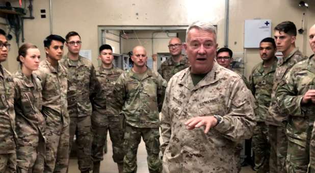 Marine General Kenneth McKenzie speaks with U.S. troops while visiting Forward Operating Base Fenty in Jalalabad, Afghanistan