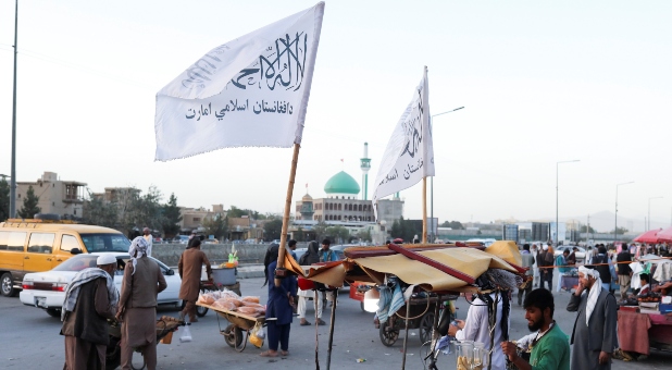 The Taliban flags are seen on a street in Kabul, Afghanistan, September 16, 2021.