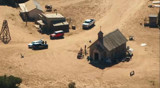 An aerial view of the film set on Bonanza Creek Ranch where Hollywood actor Alec Baldwin fatally shot cinematographer Halyna Hutchins and wounded a director when he discharged a prop gun on the movie set of the film