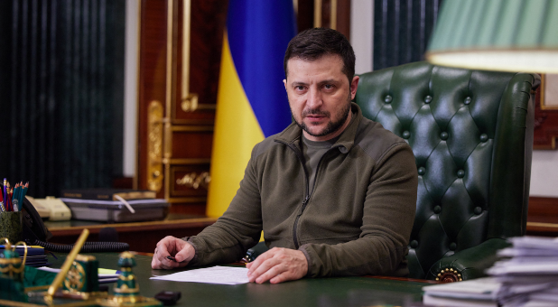 A handout photo made available by the Presidential press service shows Ukrainian President Volodymyr Zelensky delivers an address marking the 20th day of the Russian invasion, March 16, 2022 in Kyiv, Ukraine.