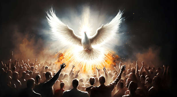 The Holy Spirit descending on believers.
