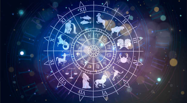 All of the signs of the zodiac on a wheel.