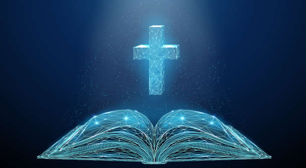 A digital cross and Bible.