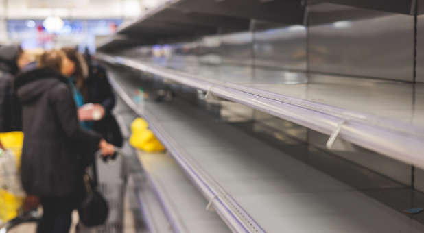 Empty shelves in a supermarket.