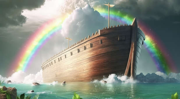 A picture of Noah's ark after the Flood with a rainbow.