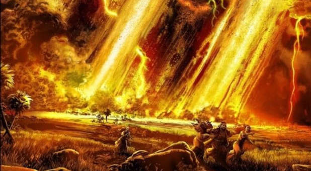 The city of Sodom being destroyed by fire.