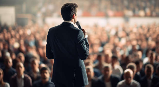 Man speaking in front of a large audience.