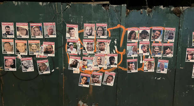 Posters of Israeli hostages held by Hamas.
