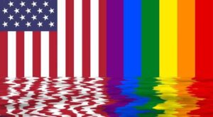 American flag melting into LGBT+ flag