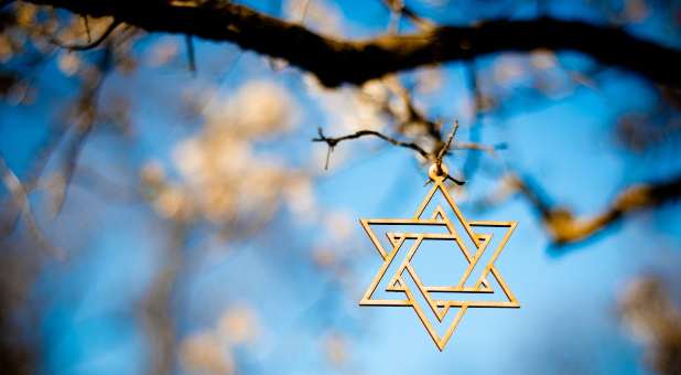 Star of David hanging from dogwood branch.