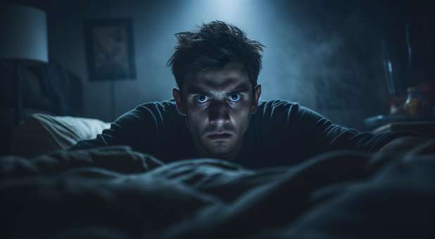 Worried man sitting up in bed