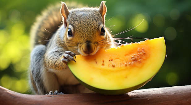 A squirrel eating a mango.