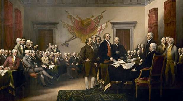 Paintinig of the signing of the Declaration of Independence showing the five-man drafting committee presenting its work to Congress
