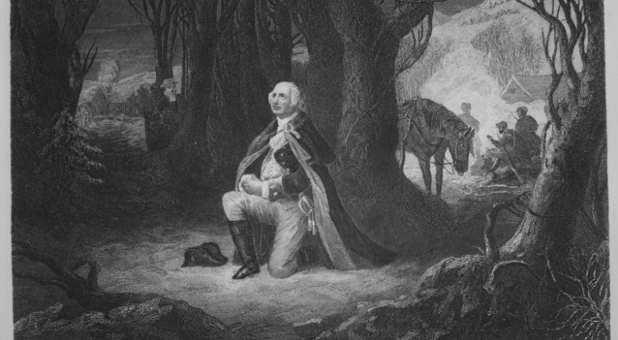 George Washington kneeling in prayer on snowy ground with troops in the background.