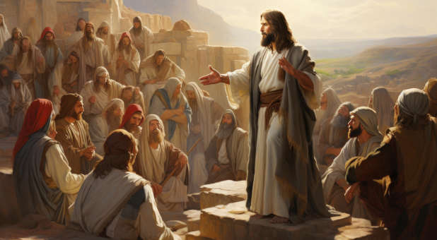 Jesus teaching a crowd.