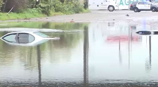 Cars submerged from heavy rainfall.