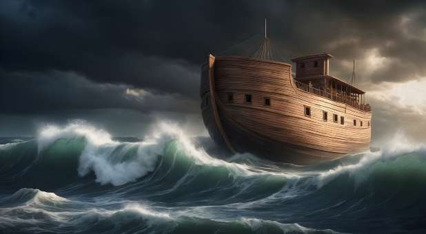Artistic rendering of Noah's ark on floodwaters