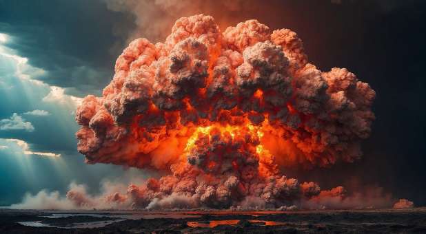 Dark skies with nuclear cloud exploding, barren landscape