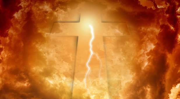 Cross with lightning superimposed, shown in clouds.